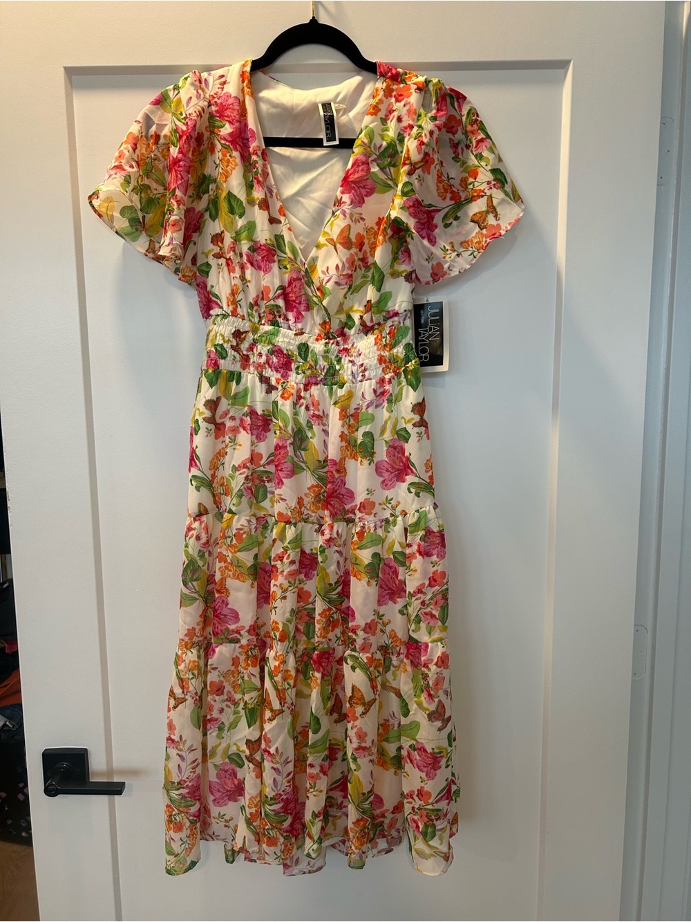 Julian Taylor White Floral V‑Neck Maxi Dress with Pink & Green Print